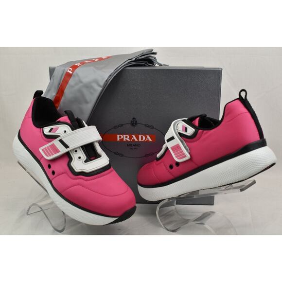 NIB PRADA 3E6322 PINK NYLON WHITE PATENT LEATHER LOW TOP STRAP SNEAKERS 39.5 - Picture 1 of 11